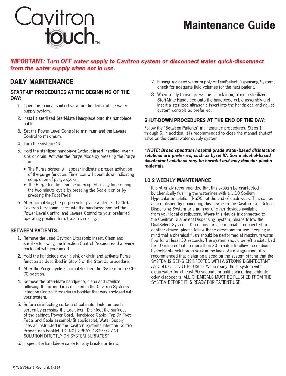 DENTSPLY CAVITRON TOUCH MAINTENANCE MANUAL Pdf Download ManualsLib