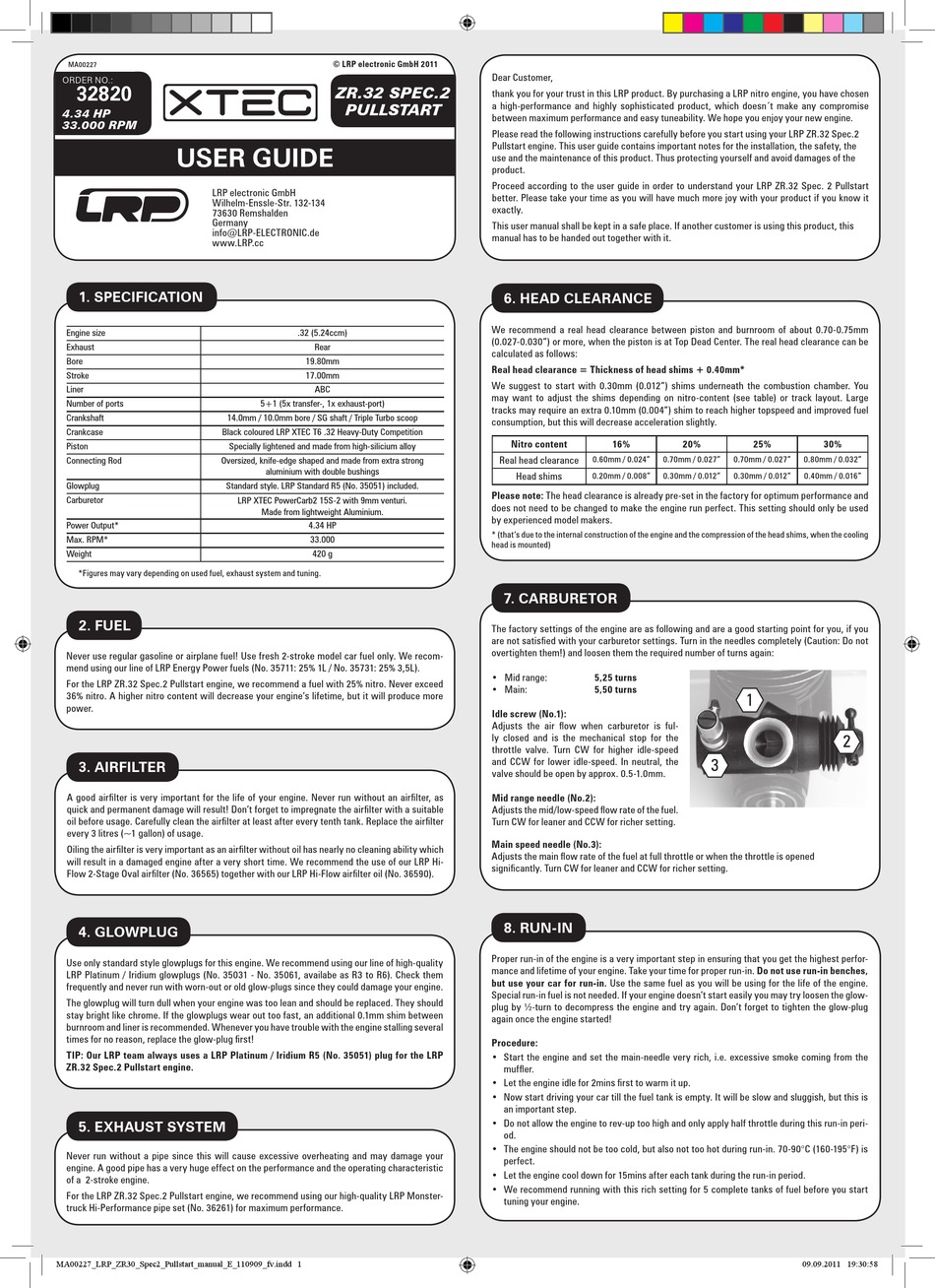 Lrp Xtec Zr 32 Spec 2 Pullstart User Manual Pdf Download Manualslib