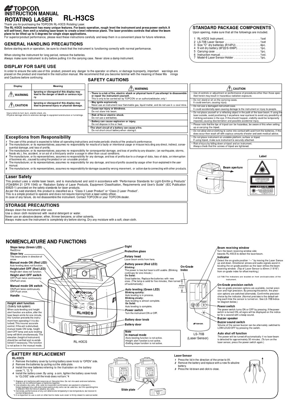 Topcon Rotating Laser RL-H2Sa Instruction Manual 