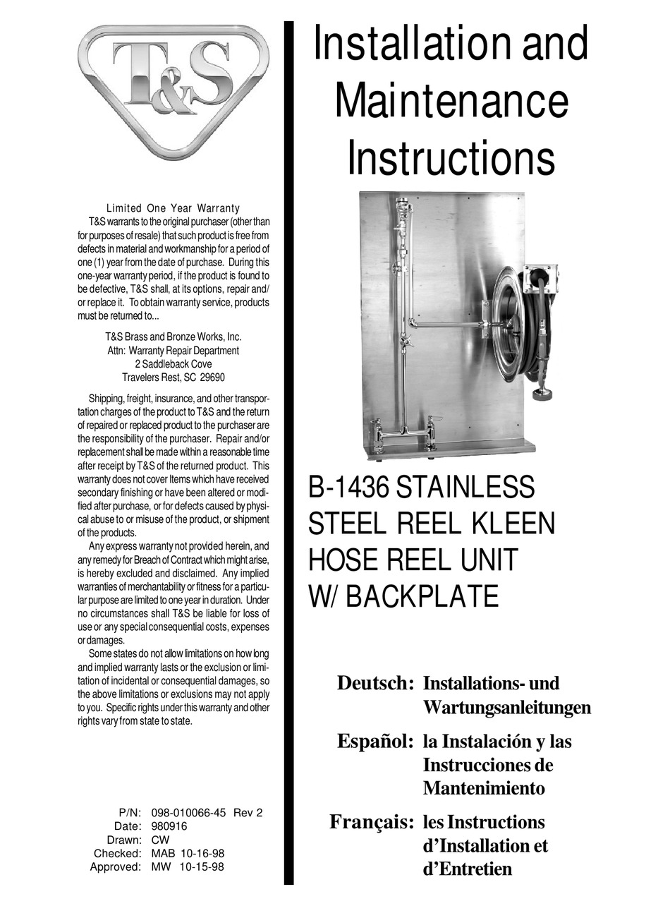T&S B-1436 INSTALLATION AND MAINTENANCE INSTRUCTIONS MANUAL Pdf Download