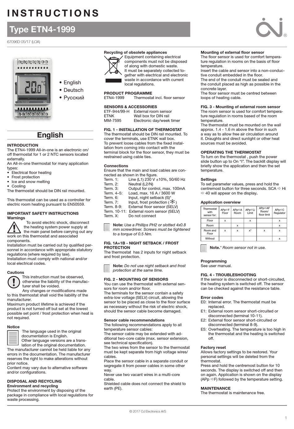 OJ ELECTRONIC ETN4-1999 ALL-IN-ONE THERMOSTAT 19.5-70 DEG C