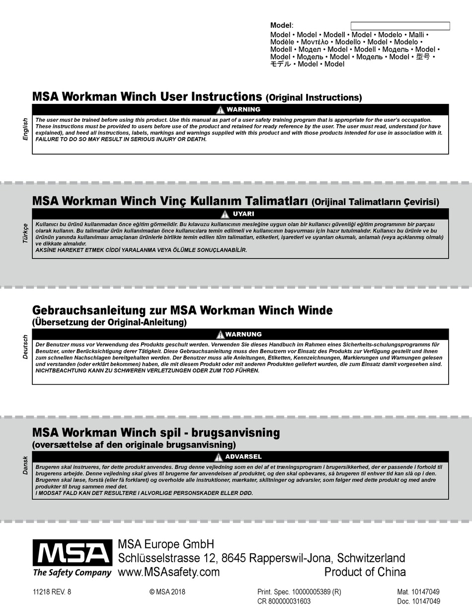 Msa Workman Winch User Instructions Pdf Download Manualslib