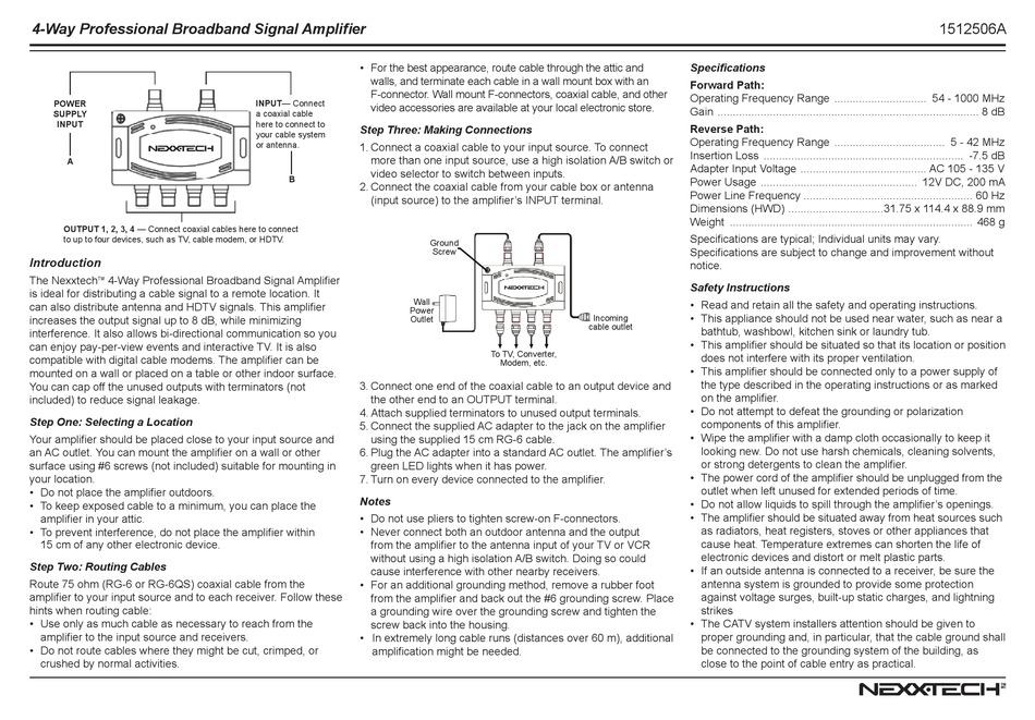 NEXXTECH 4WAY PROFESSIONAL BROADBAND SIGNAL AMPLIFIER MANUAL Pdf Download ManualsLib