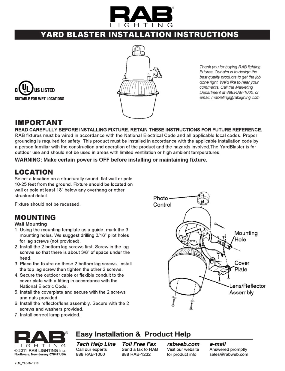 RAB LIGHTING YARD BLASTER SERIES INSTALLATION INSTRUCTIONS Pdf Download