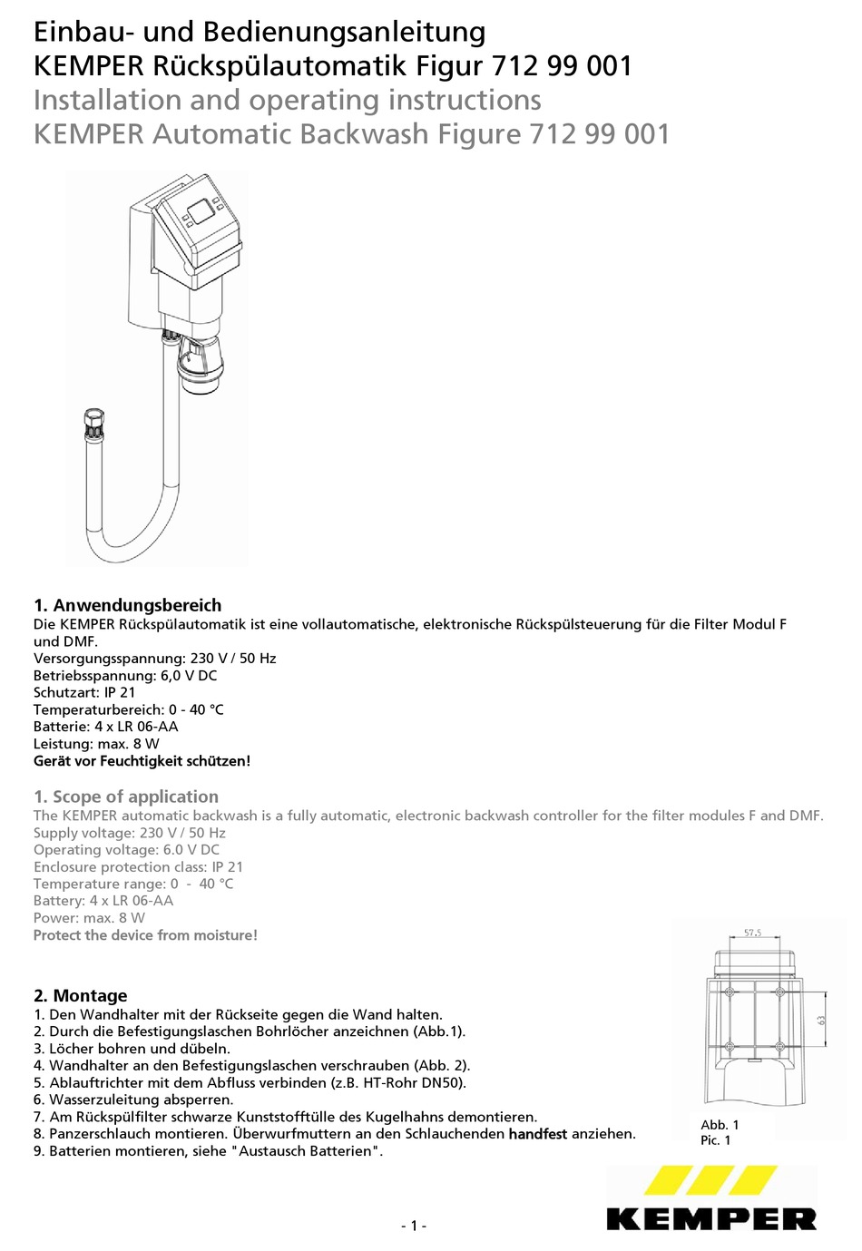 KEMPER 712 99 001 INSTALLATION AND OPERATING INSTRUCTIONS Pdf Download