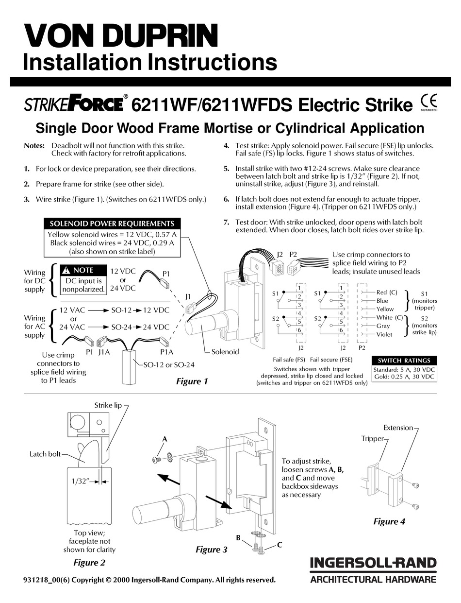 VON DUPRIN STRIKEFORCE 6211WFDS INSTALLATION INSTRUCTIONS Pdf Download