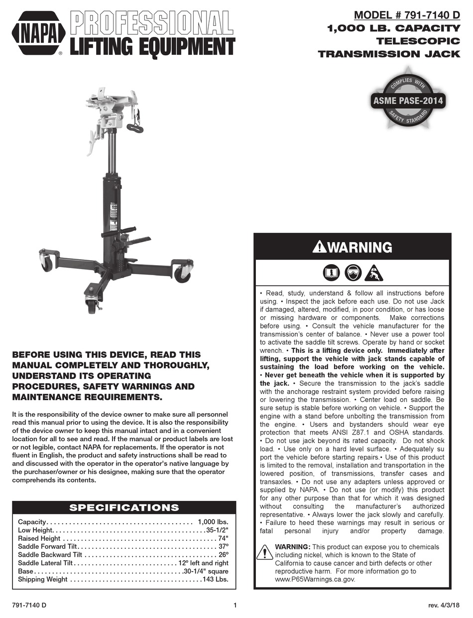 NAPA 7917140 D OPERATING MANUAL & PARTS LIST Pdf Download ManualsLib