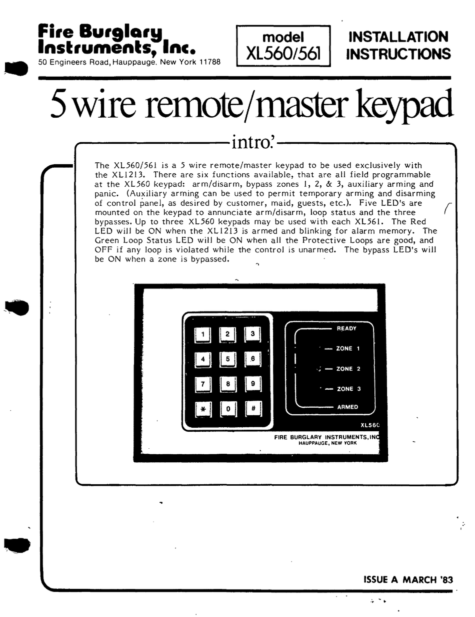 FIRE BURGLARY INSTRUMENTS XL560 INSTALLATION INSTRUCTIONS Pdf Download