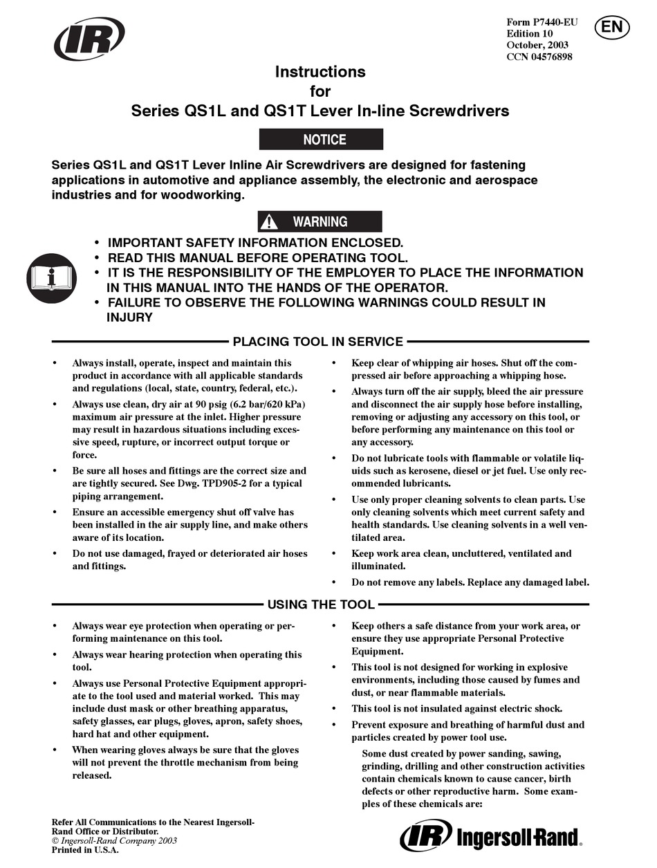 INGERSOLL-RAND QS1L SERIES INSTRUCTIONS MANUAL Pdf Download | ManualsLib