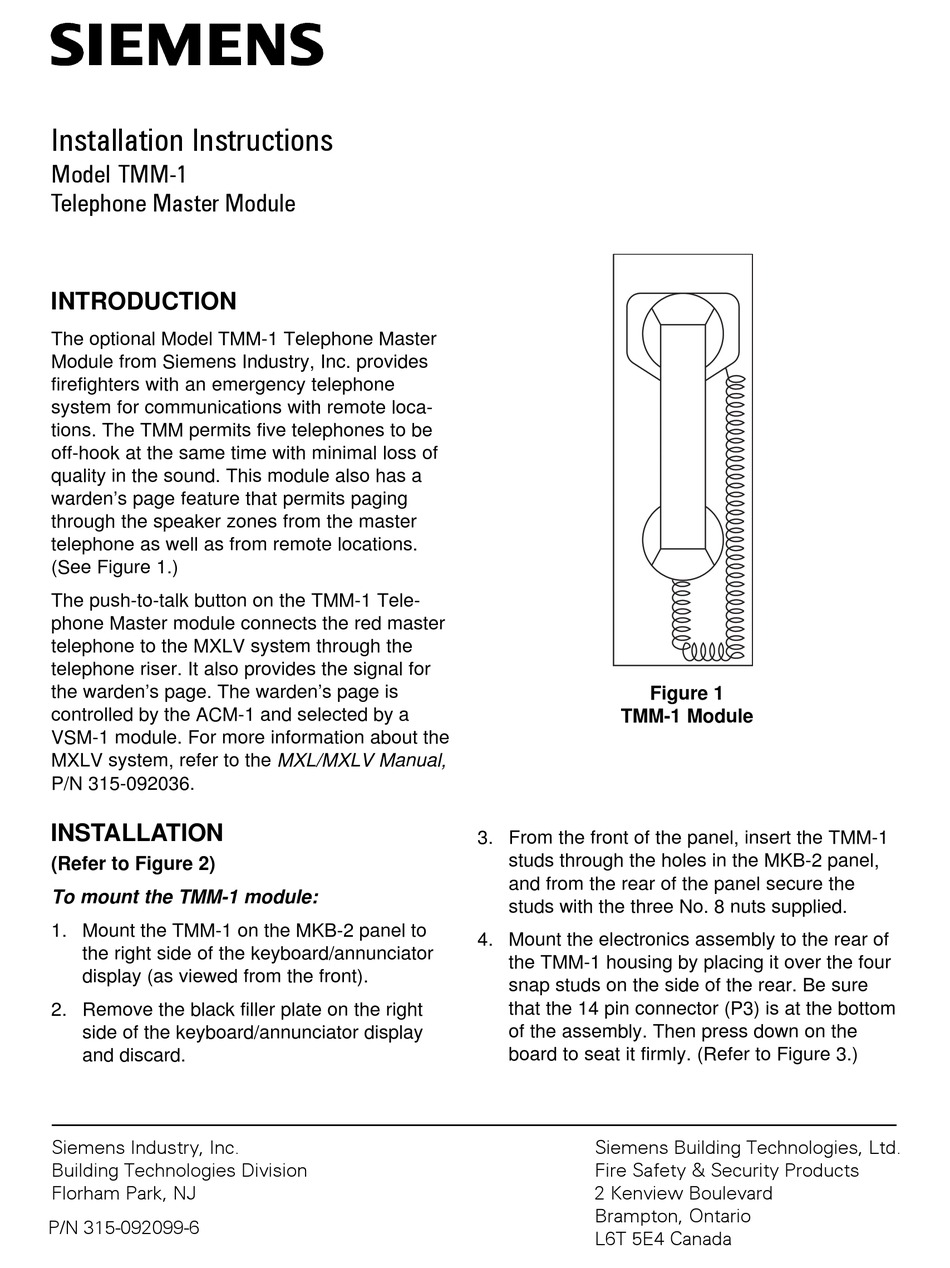 SIEMENS TMM-1 INSTALLATION INSTRUCTIONS Pdf Download | ManualsLib