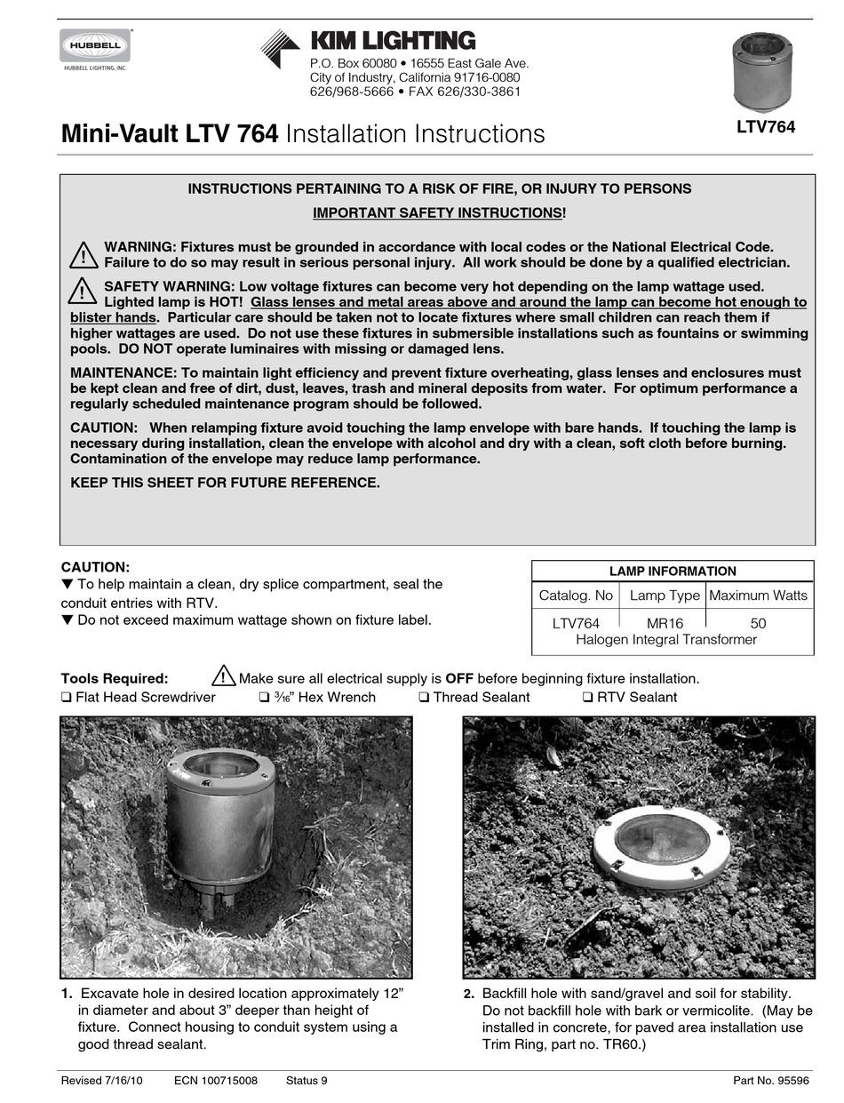 HUBBELL KIM LIGHTING MINI-VAULT LTV 764 INSTALLATION INSTRUCTIONS Pdf  Download | ManualsLib