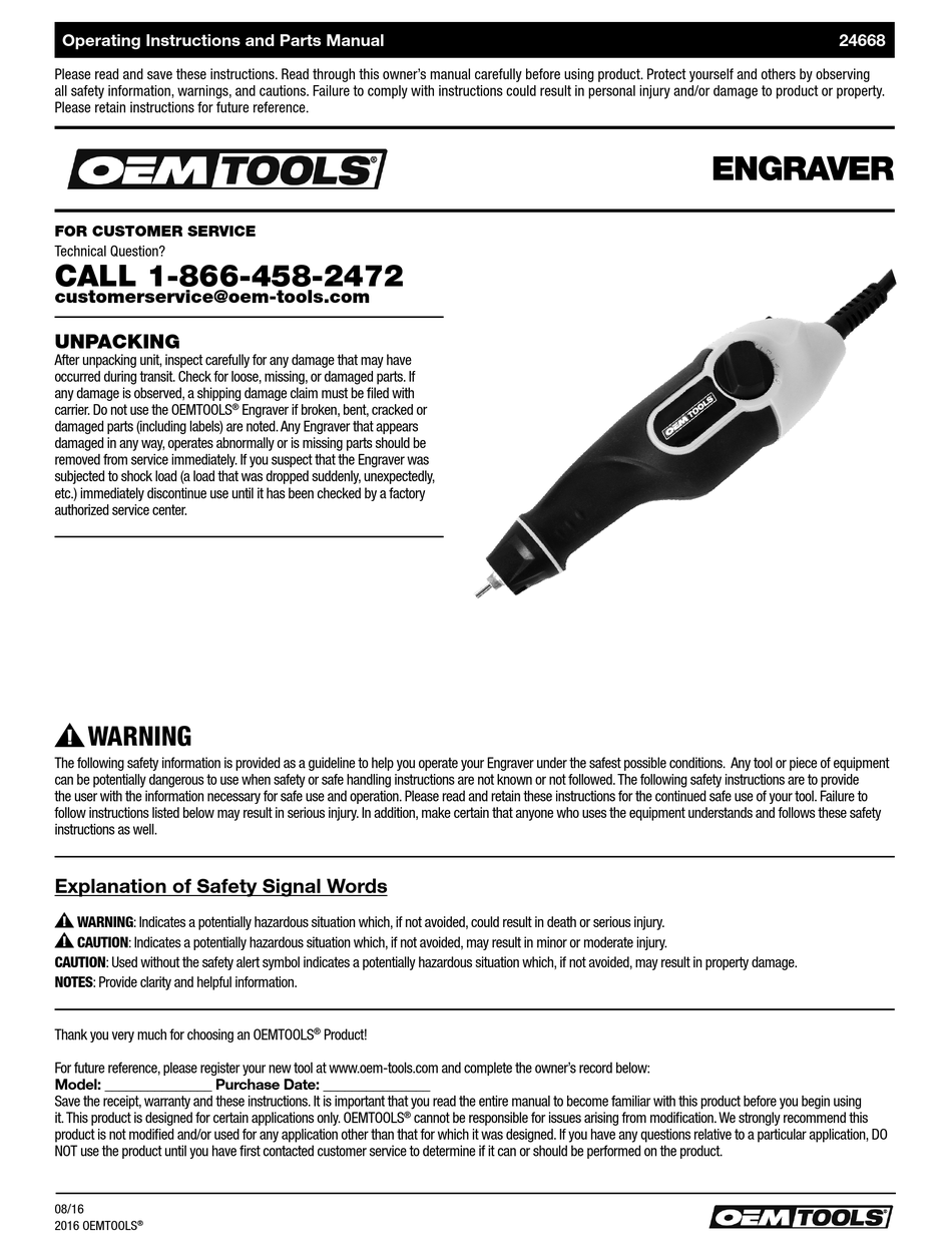 OEM TOOLS 24668 OPERATING INSTRUCTIONS AND PARTS MANUAL Pdf Download