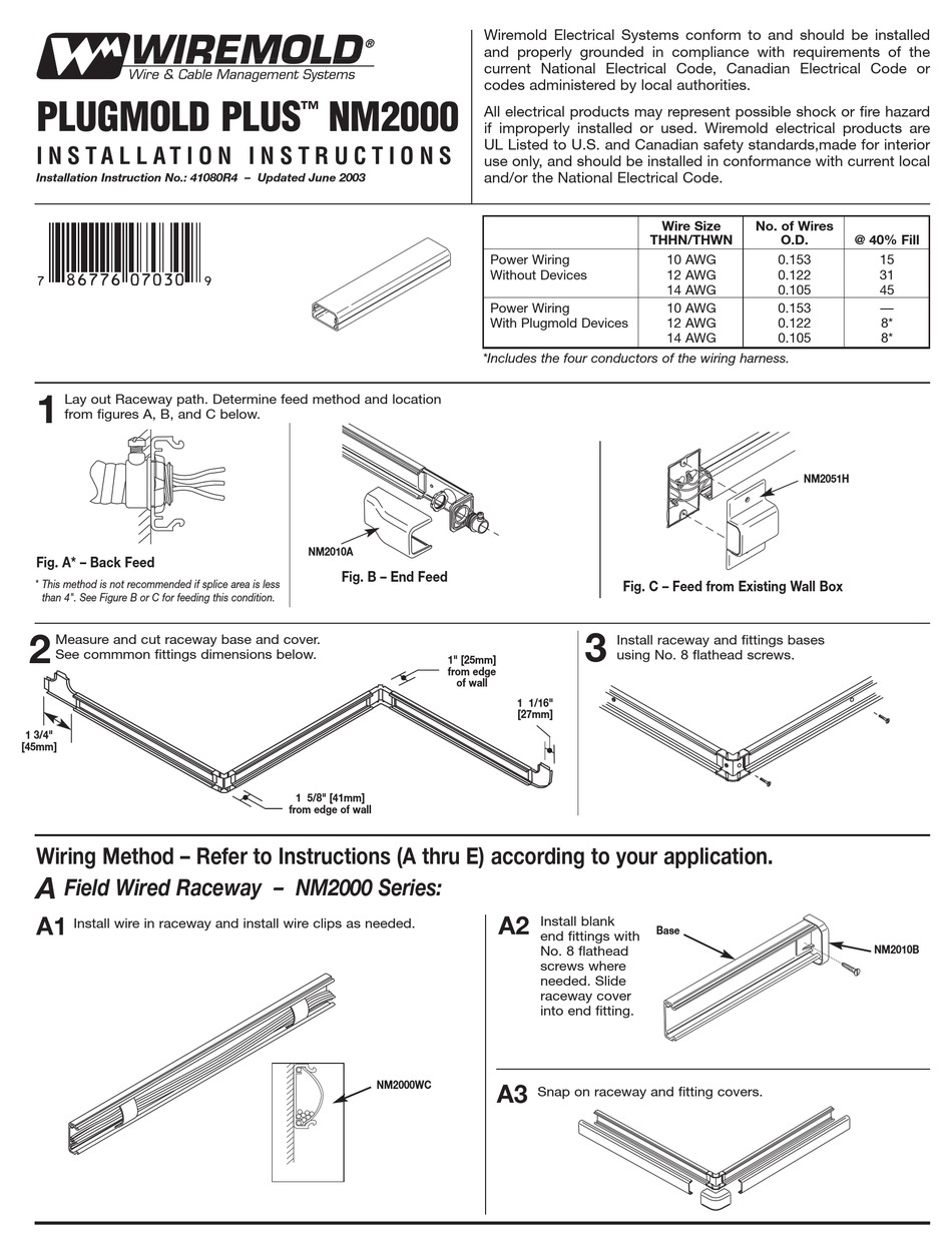 WIREMOLD PLUGMOLD PLUS NM2000 INSTALLATION INSTRUCTIONS Pdf Download