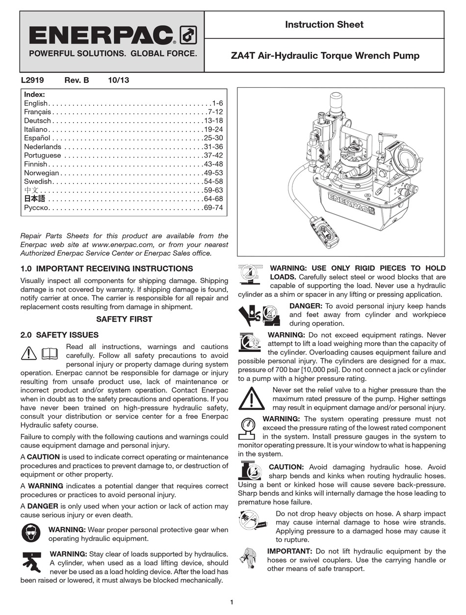 Enerpac Za4t Instruction Sheet Pdf Download Manualslib