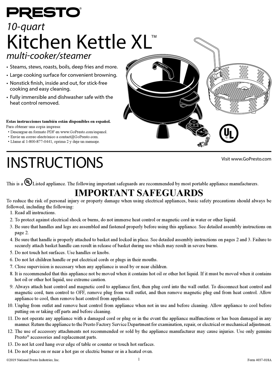 PRESTO KITCHEN KETTLE XL INSTRUCTIONS MANUAL Pdf Download ManualsLib
