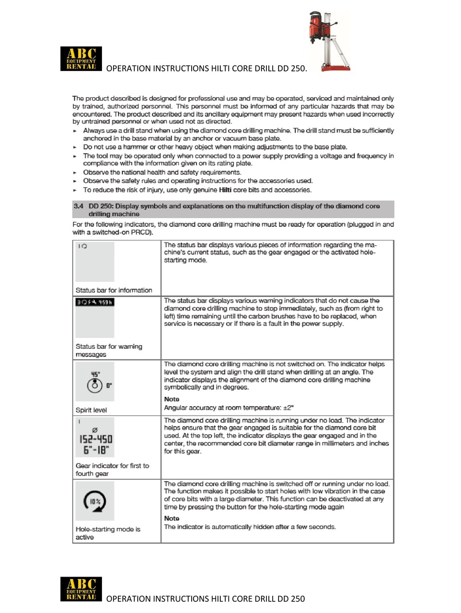 HILTI DD 250 OPERATION INSTRUCTIONS 