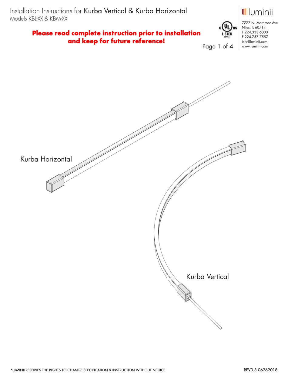 LUMINII KURBA VERTICAL KBL SERIES INSTALLATION INSTRUCTIONS Pdf