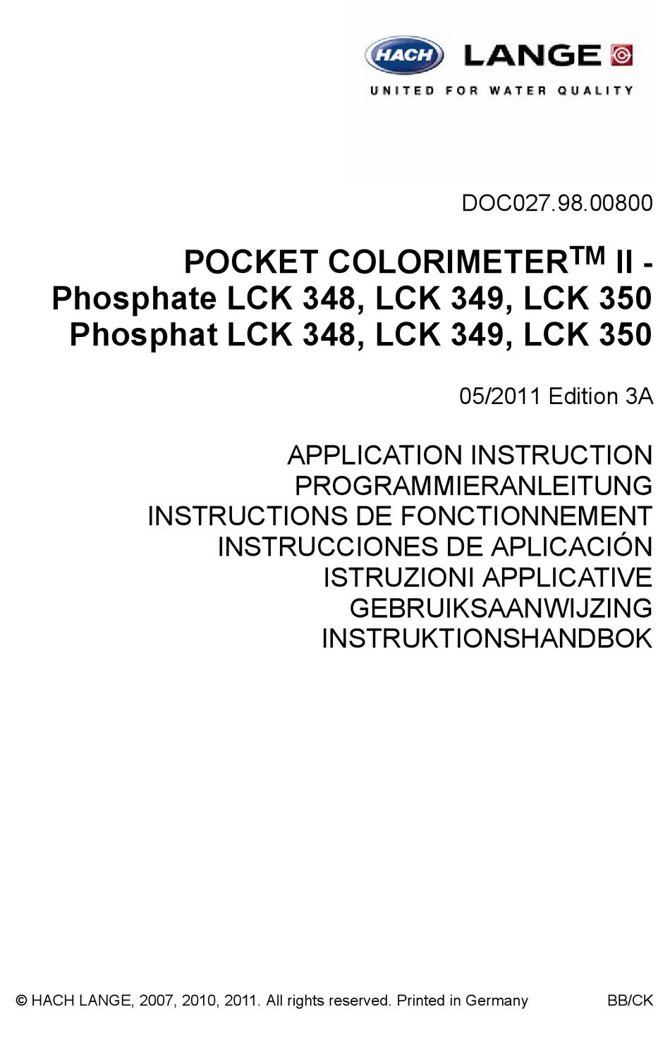 HACH LANGE POCKET COLORIMETER II PHOSPHATE LCK 348 APPLICATION