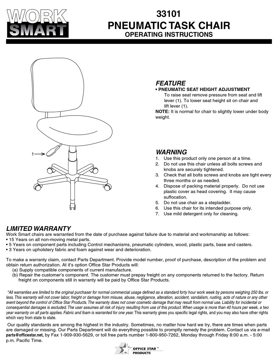 WORK SMART PNEUMATIC TASK CHAIR OPERATING INSTRUCTIONS Pdf Download ...