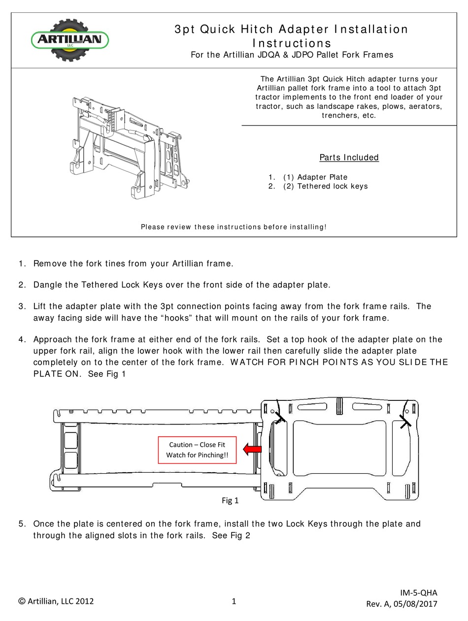 ARTILLIAN 3PT QUICK HITCH ADAPTER INSTALLATION INSTRUCTIONS Pdf