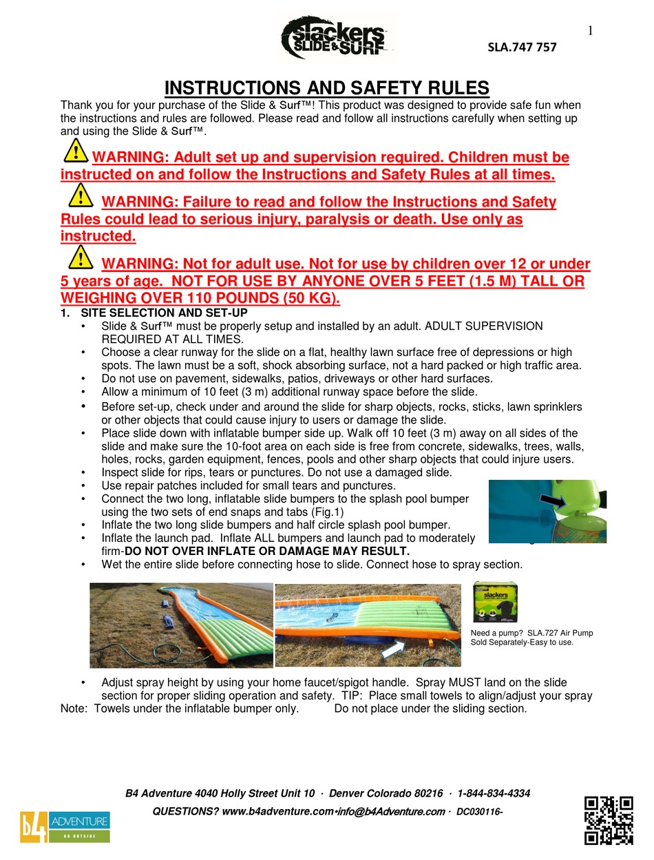 SLACKERS SLIDE&SURF SLA.747757 INSTRUCTIONS AND SAFETY RULES Pdf