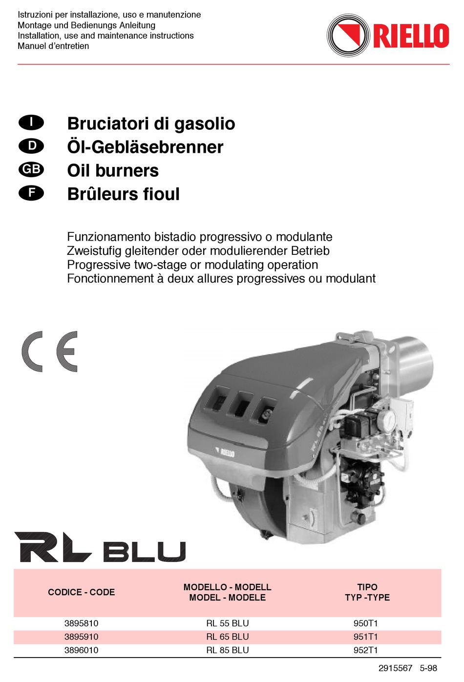 RIELLO BURNERS RS BLU SERIES INSTALLATION, USE AND MAINTENANCE