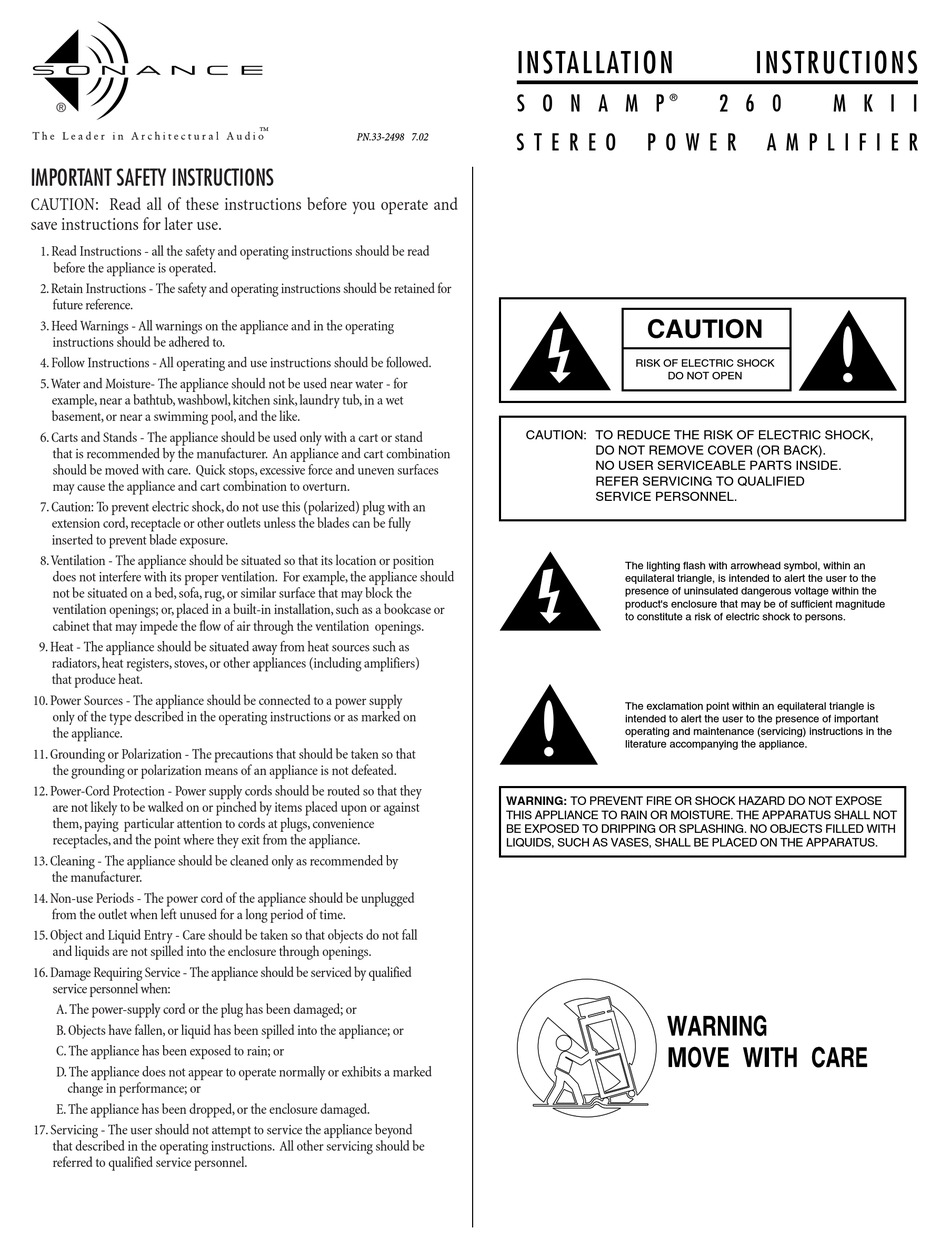 SONANCE SONAMP 260 MKII INSTALLATION INSTRUCTIONS Pdf Download | ManualsLib