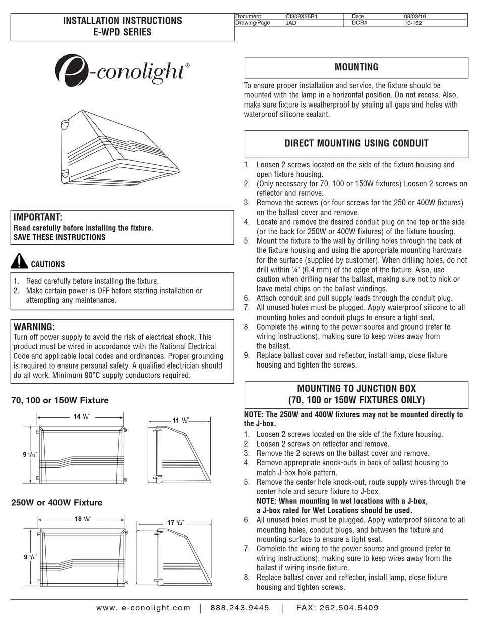 ECONOLIGHT EWPD SERIES INSTALLATION INSTRUCTIONS Pdf Download