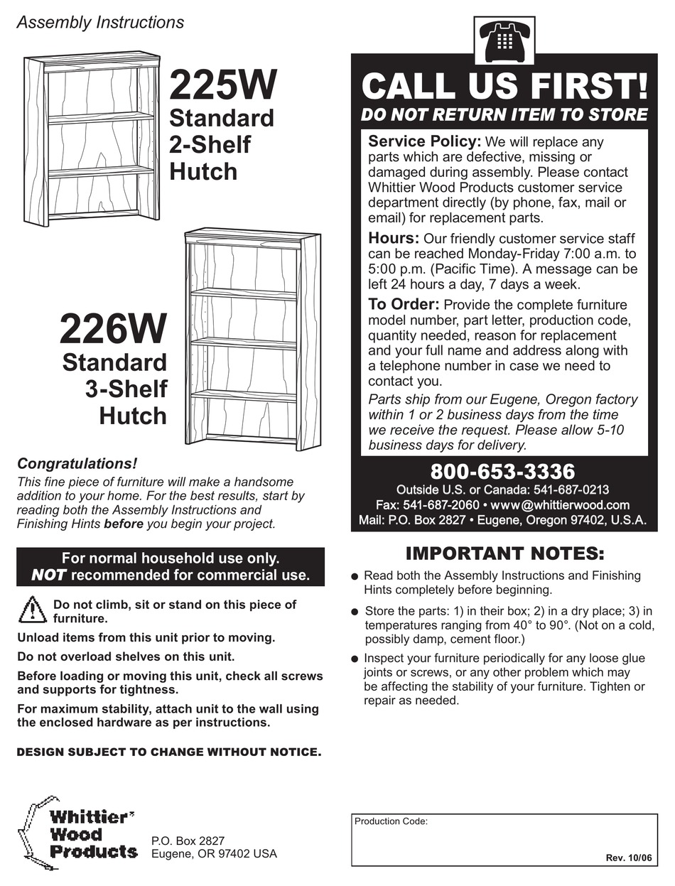 WHITTIER WOOD 225W ASSEMBLY INSTRUCTIONS MANUAL Pdf Download ManualsLib