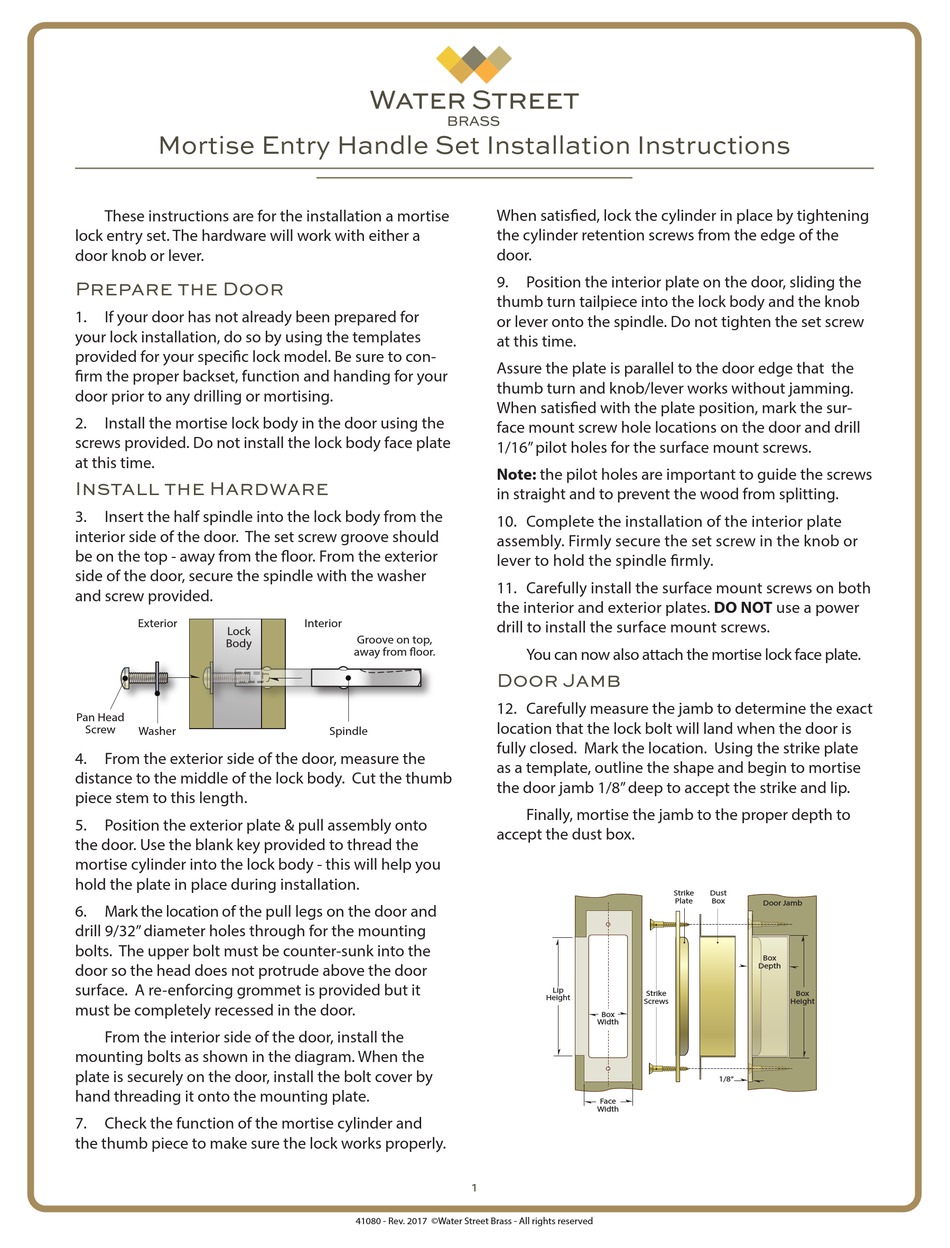 WATER STREET BRASS MORTISE ENTRY HANDLE SET INSTALLATION INSTRUCTIONS Pdf Download ManualsLib