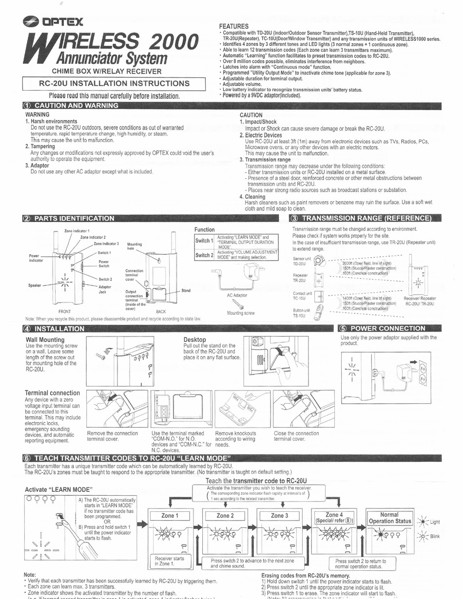 OPTEX WIRELESS 2000 RC20U INSTALLATION INSTRUCTIONS Pdf Download