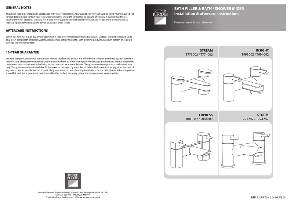 ROPER RHODES STREAM T774002 INSTALLATION & AFTERCARE INSTRUCTIONS Pdf