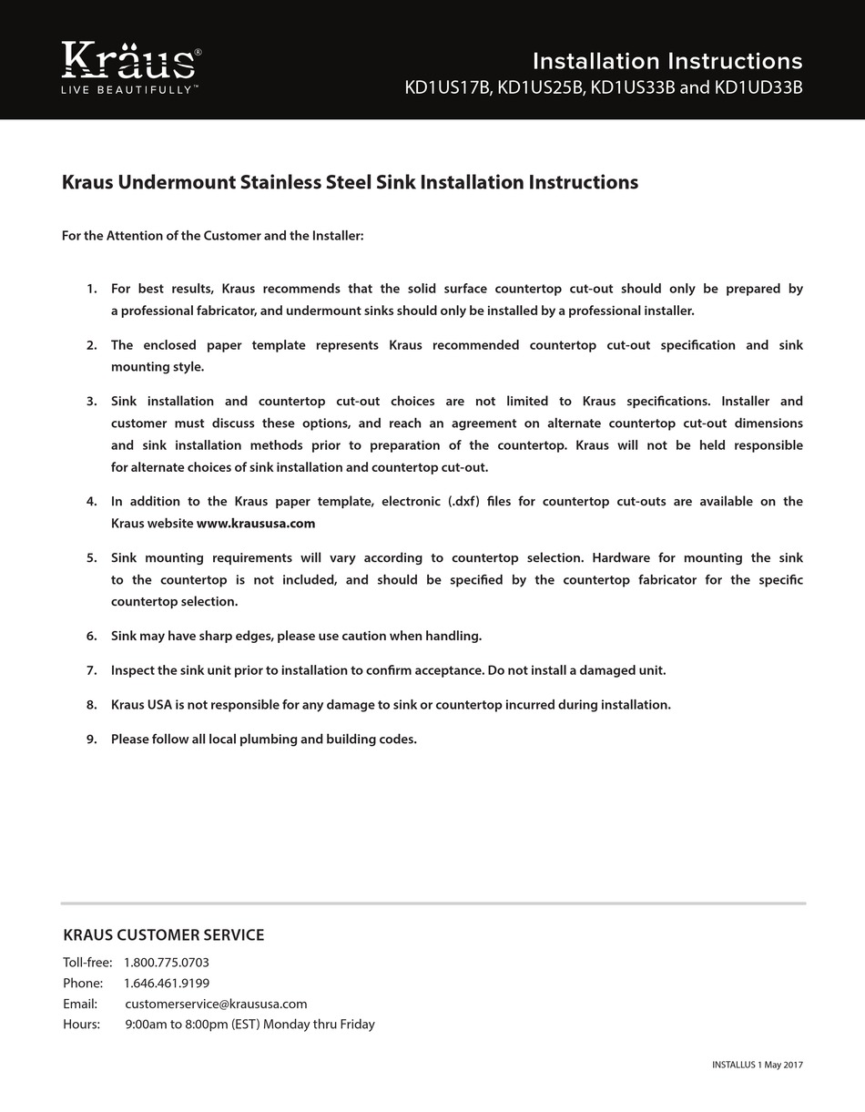 KRAUS KD1US17B INSTALLATION INSTRUCTIONS MANUAL Pdf Download ManualsLib