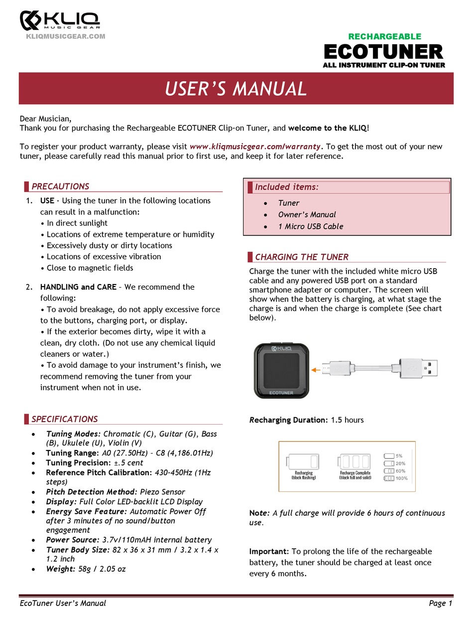 KLIQ RECHARGEABLE ECOTUNER USER MANUAL Pdf Download | ManualsLib