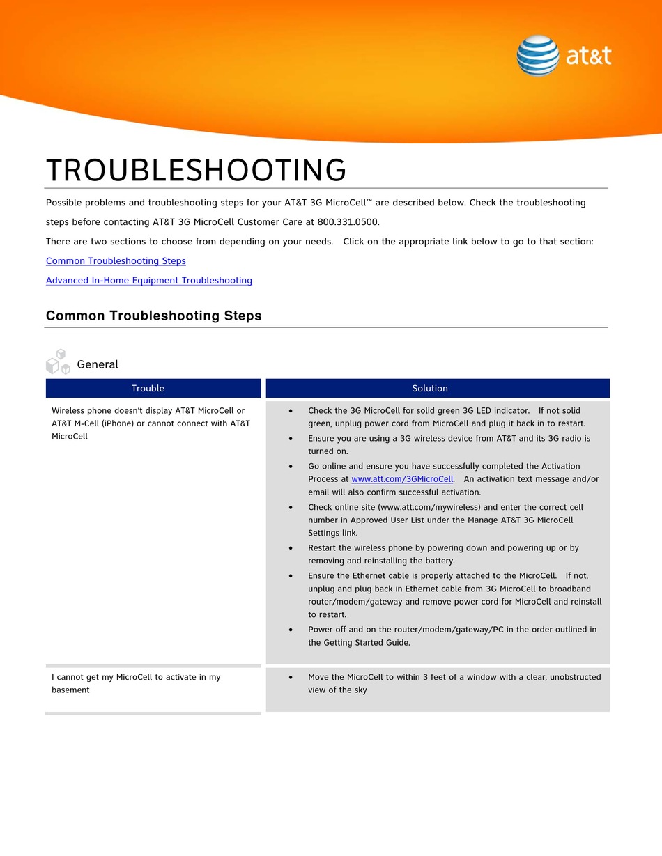 AT&T 3G MICROCELL SERIES TROUBLESHOOTING MANUAL Pdf ...