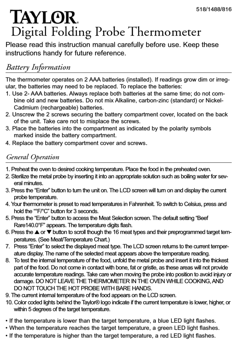 TAYLOR DIGITAL FOLDING PROBE THERMOMETER INSTRUCTION MANUAL Pdf 