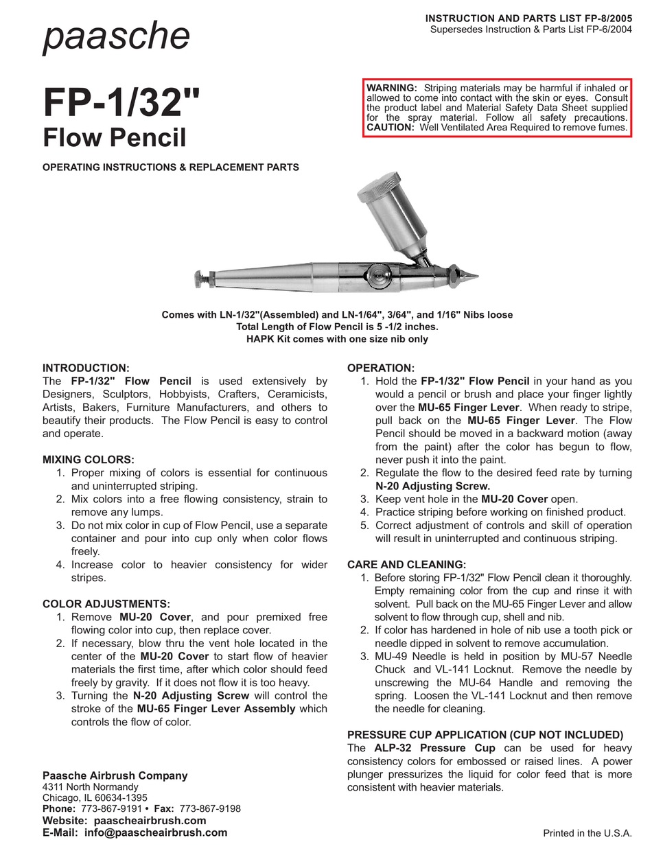 Paasche Airbrush Flow Pencil with Pressure Cup(Includes all Nibs Sizes)