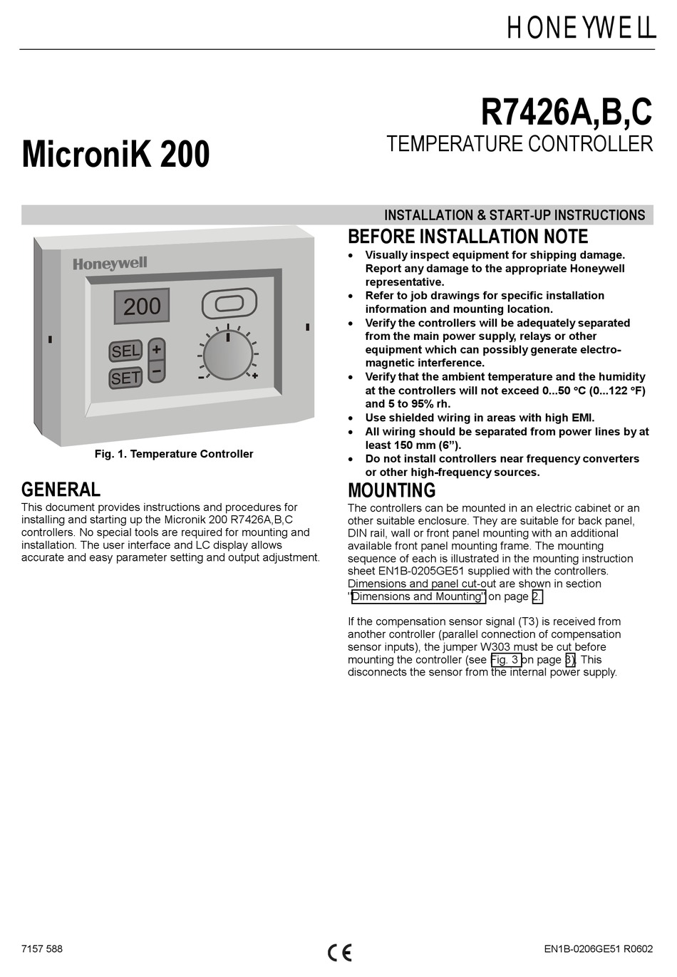 HONEYWELL MICRONIK 200 R7426A INSTALLATION & START-UP INSTRUCTIONS Pdf ...