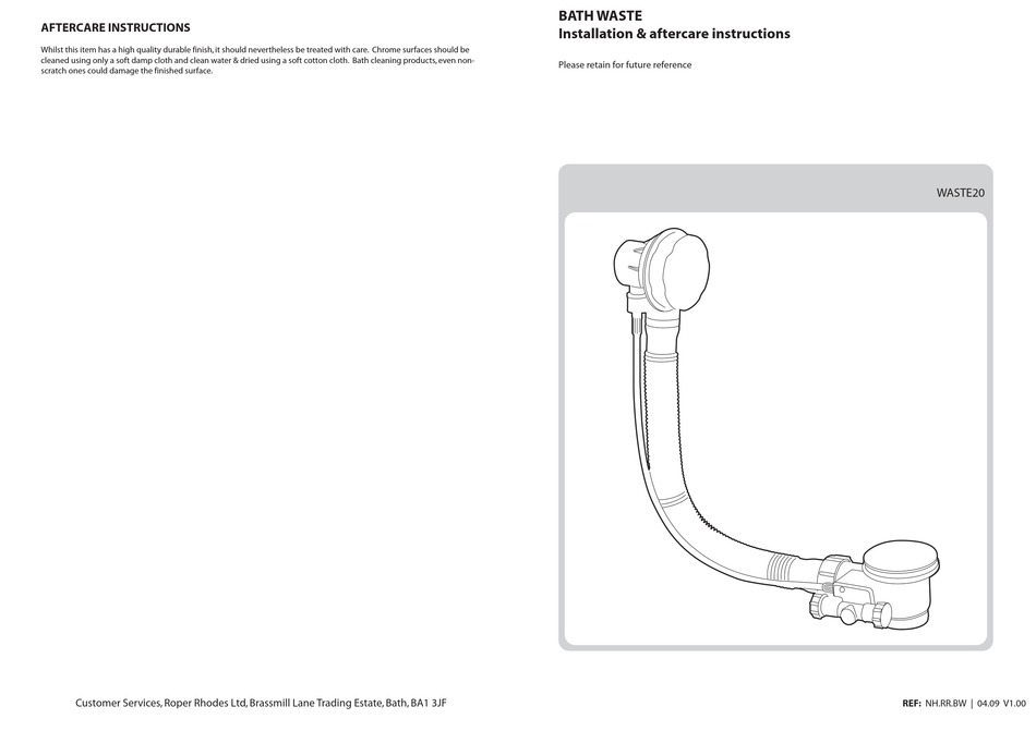 ROPER RHODES WASTE20 INSTALLATION & AFTERCARE INSTRUCTIONS Pdf Download