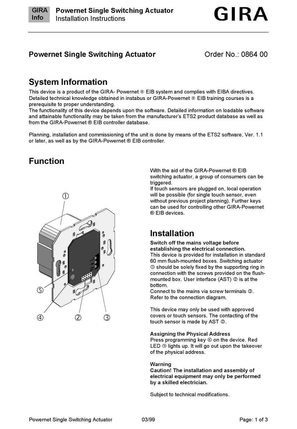 GIRA SINGLE SWITCHING ACTUATOR INSTALLATION INSTRUCTIONS Pdf