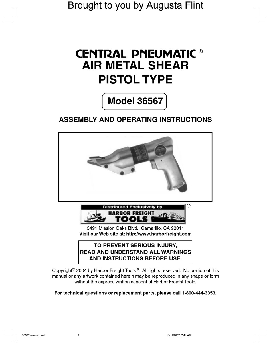 CENTRAL PNEUMATIC 36567 ASSEMBLY AND OPERATING INSTRUCTIONS MANUAL Pdf