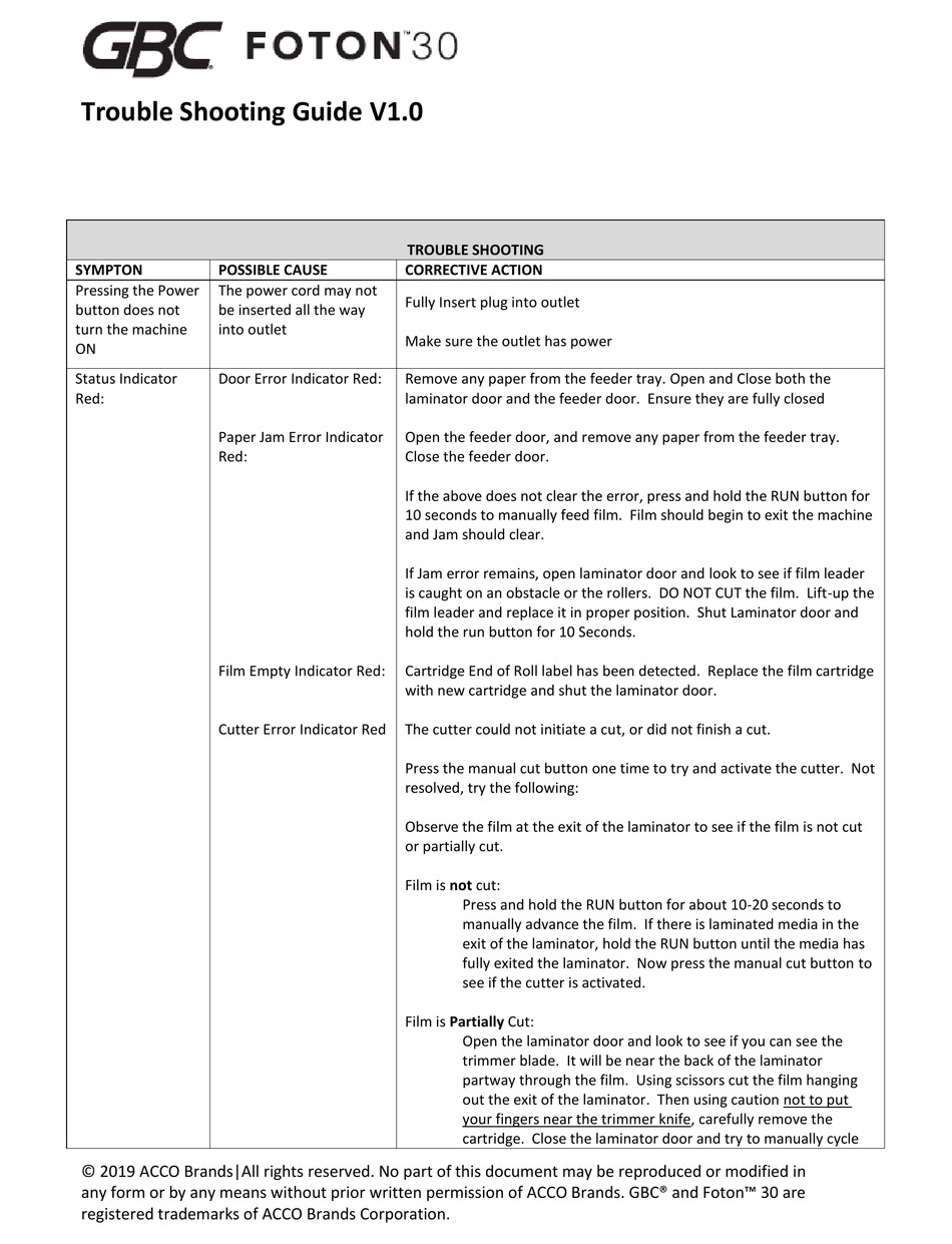 Gbc Foton 30 Troubleshooting Manual Pdf Download Manualslib