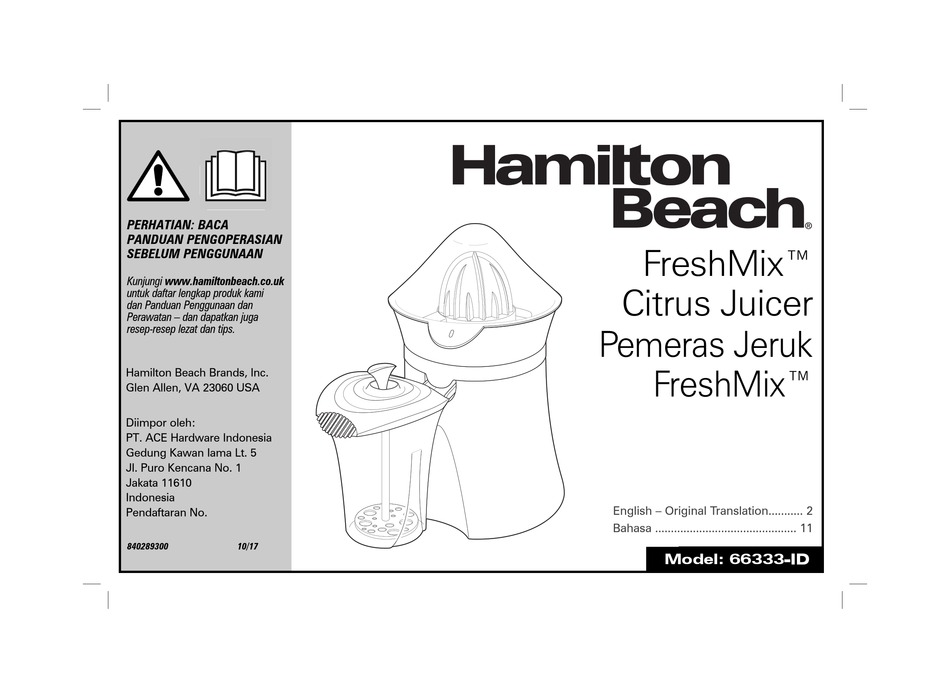 HAMILTON BEACH FRESHMIX 66333ID MANUAL Pdf Download ManualsLib