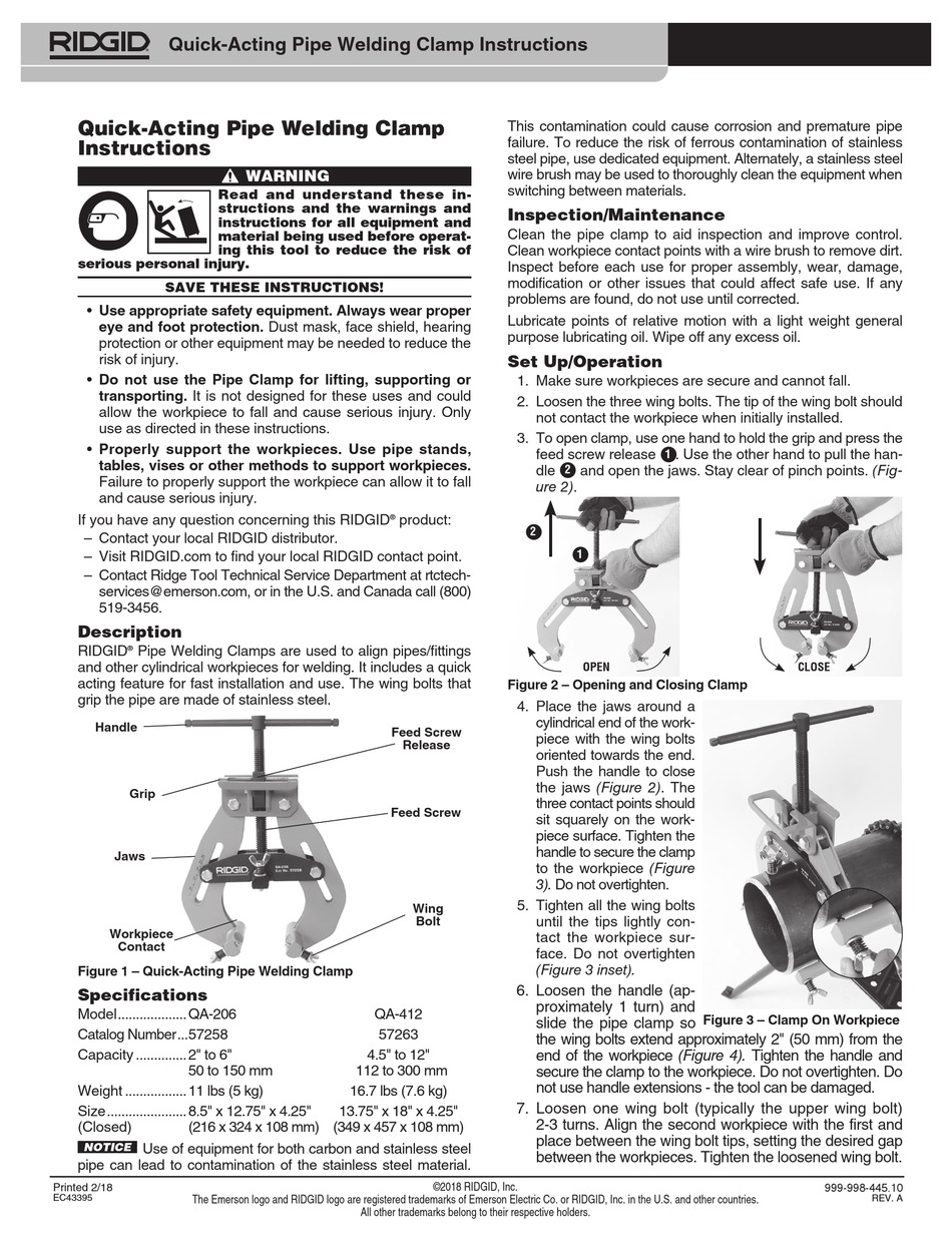 RIDGID QUICKACTING PIPE WELDING CLAMPS INSTRUCTIONS Pdf Download