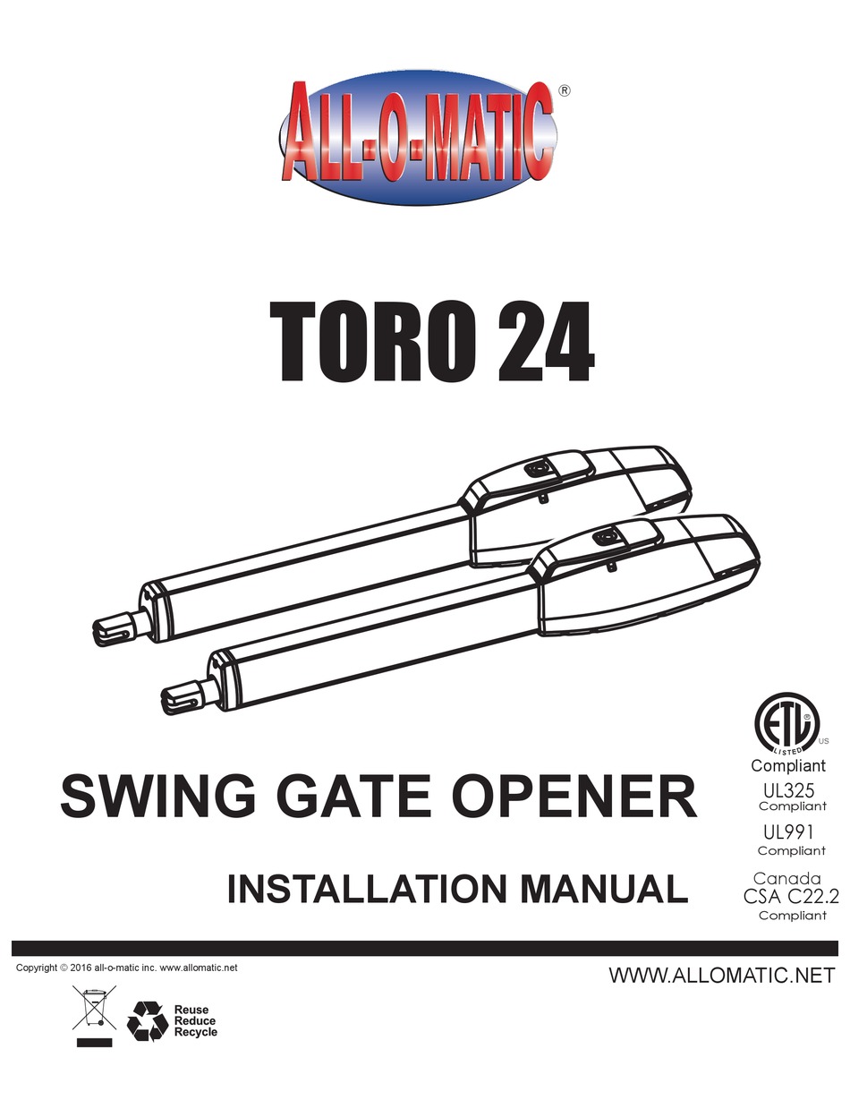 ALL-O-MATIC TORO 24 INSTALLATION MANUAL Pdf Download | ManualsLib