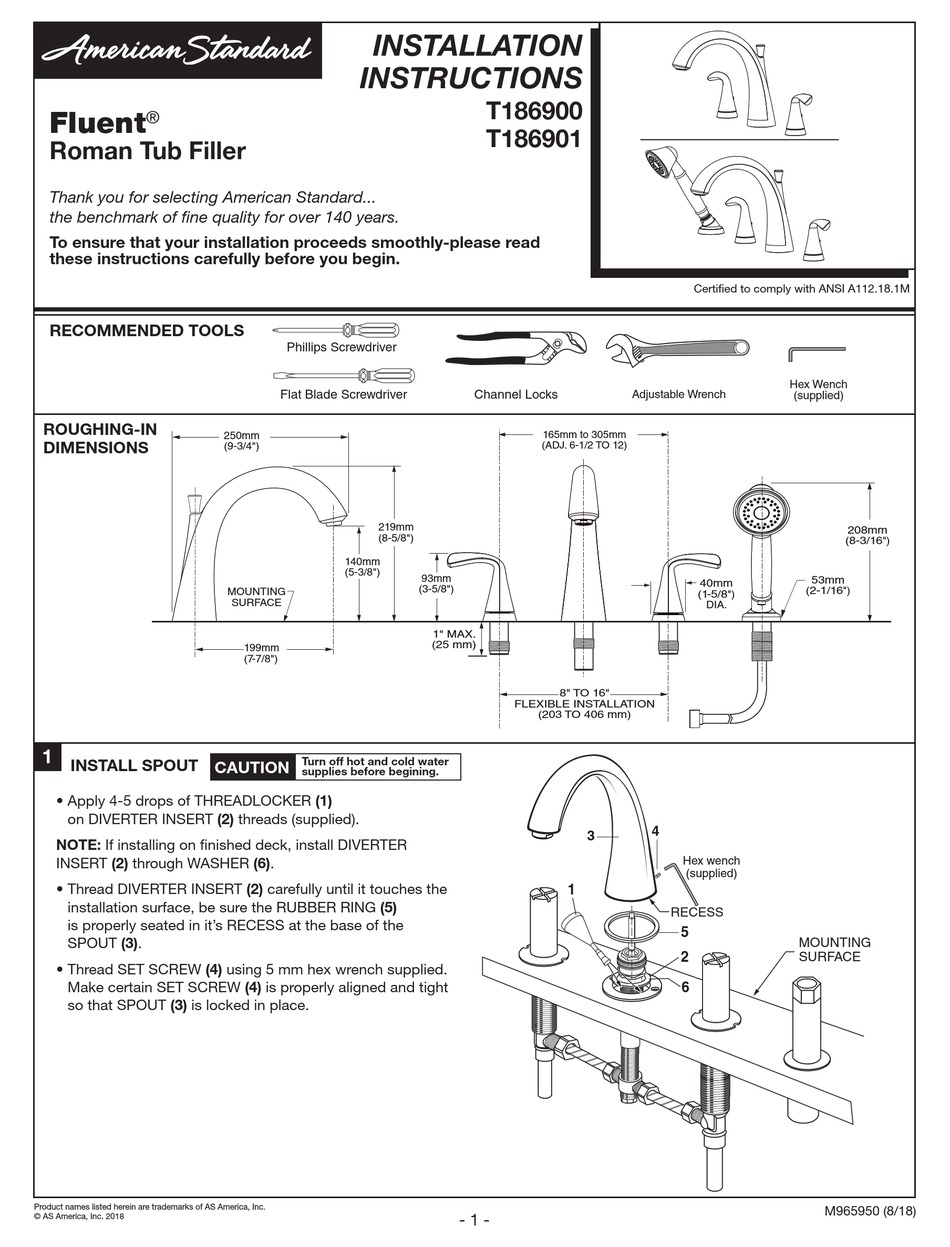 AMERICAN STANDARD FLUENT T186900 INSTALLATION INSTRUCTIONS Pdf Download