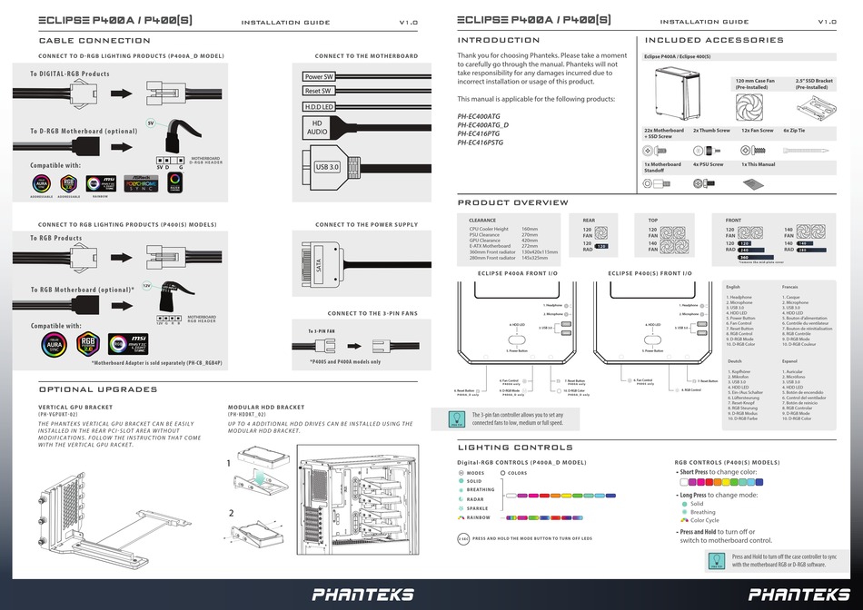 PHANTEKS ECLIPSE P400A SERIES INSTALLATION MANUAL Pdf Download | ManualsLib