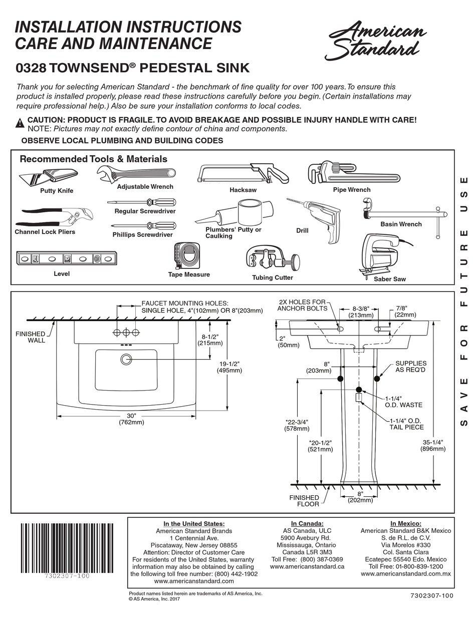 AMERICAN STANDARD TOWNSEND 0328 INSTALLATION INSTRUCTIONS CARE AND