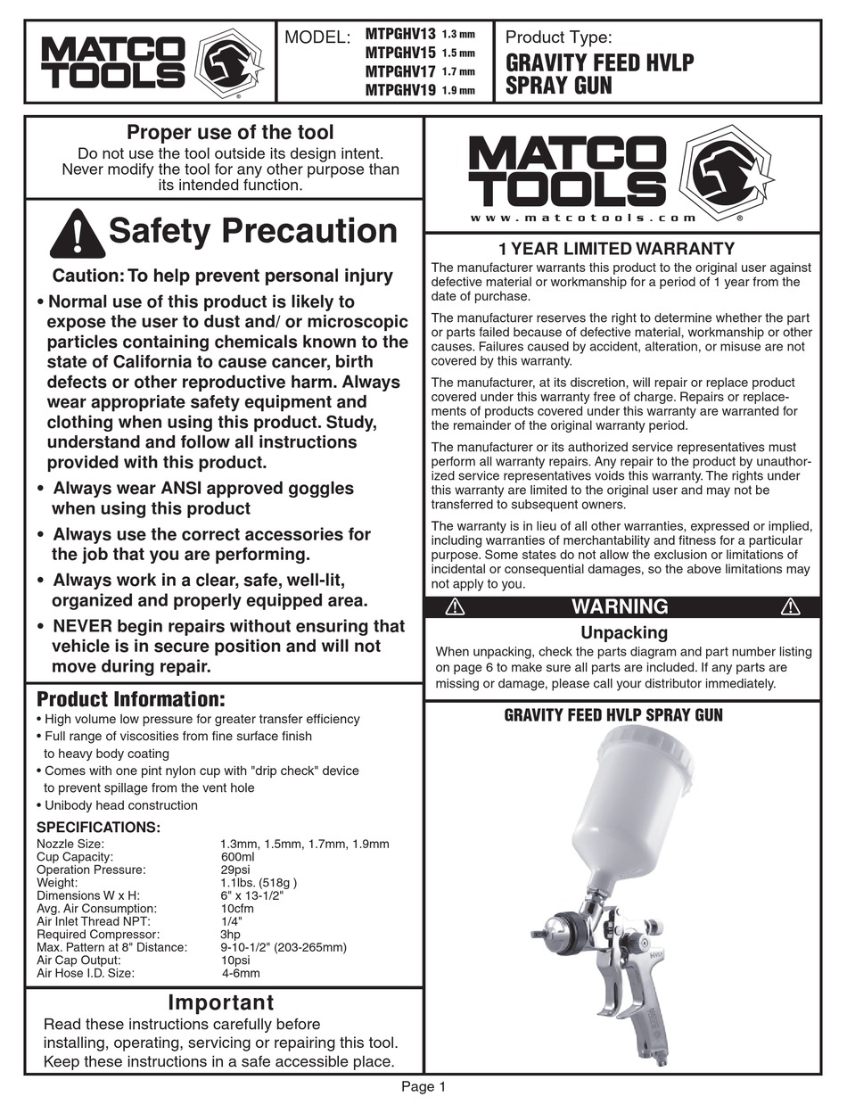 MATCO TOOLS MTPGHV13 MANUAL Pdf Download | ManualsLib