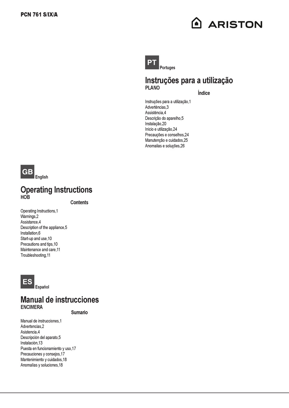 ARISTON PCN 761 S/IX/A OPERATING INSTRUCTIONS MANUAL Pdf Download |  ManualsLib
